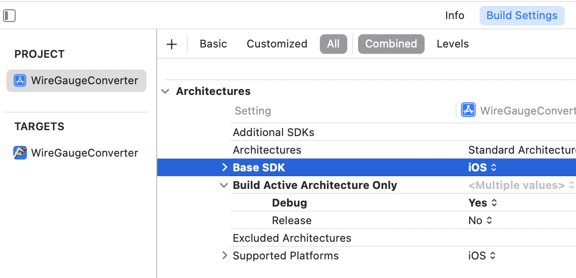 iOS is set as the base SDK for the project