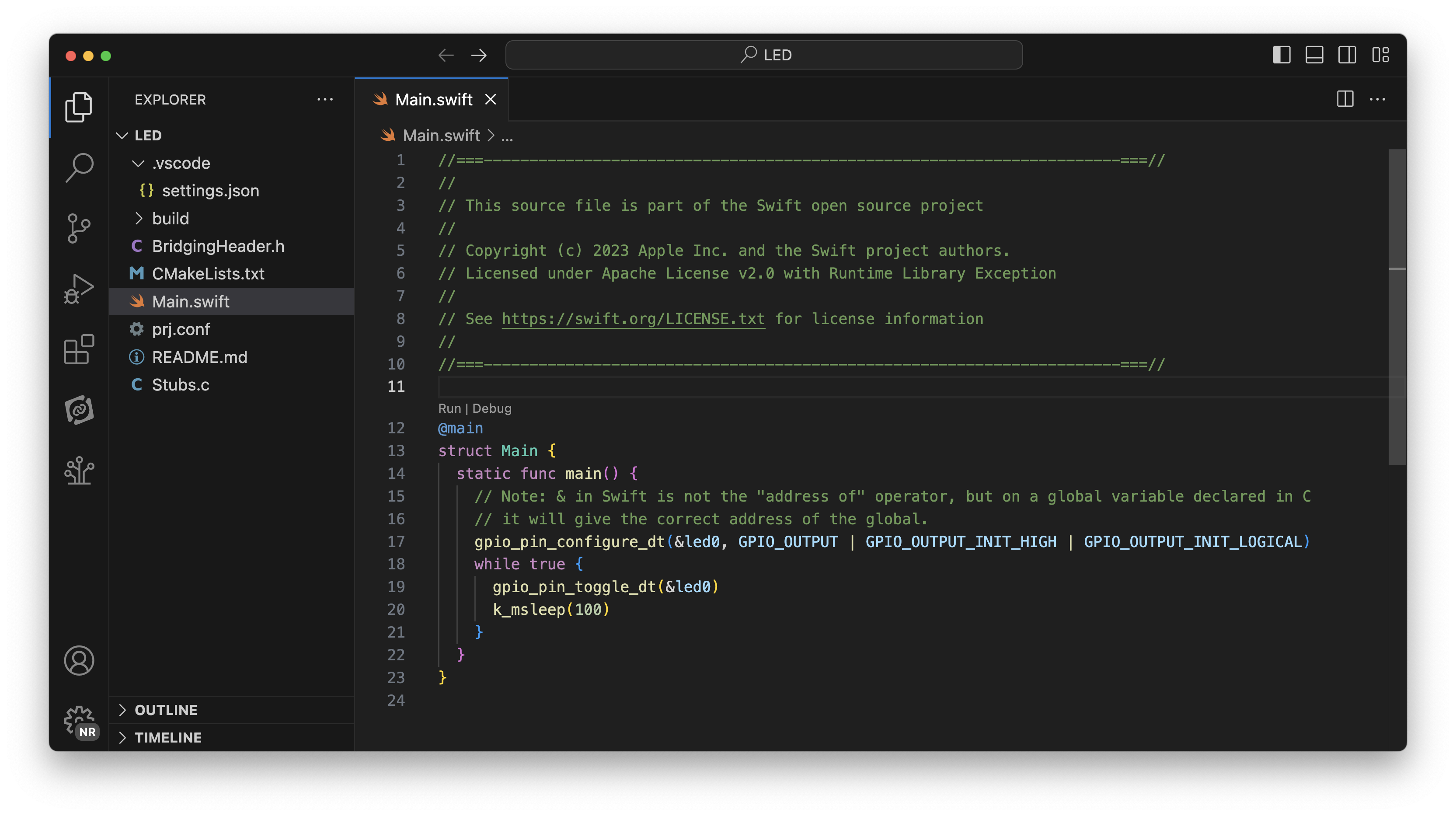 The nrfx-blink example project opened in VS Code