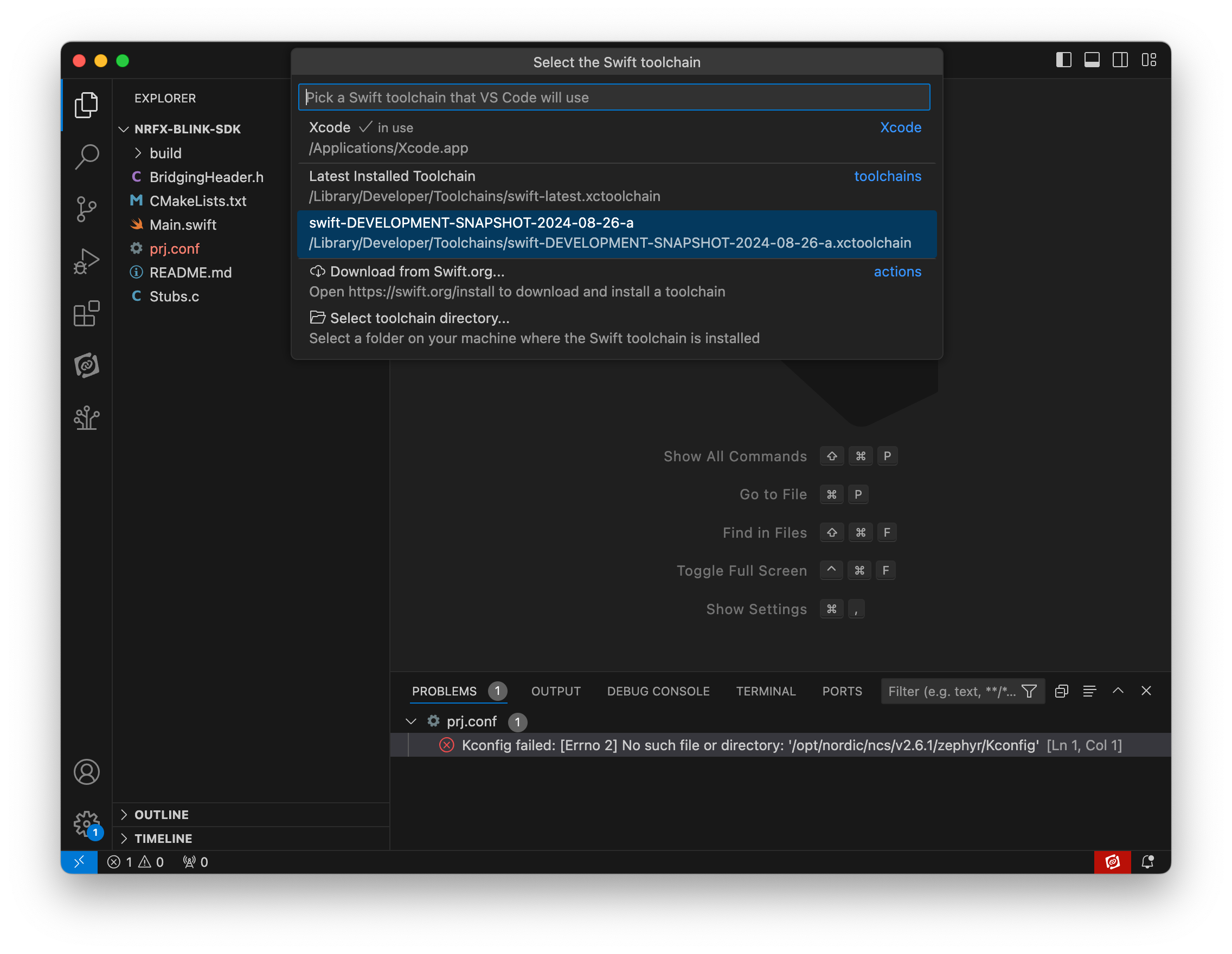 Select the proper Swift toolchain for the VS Code Swift extension