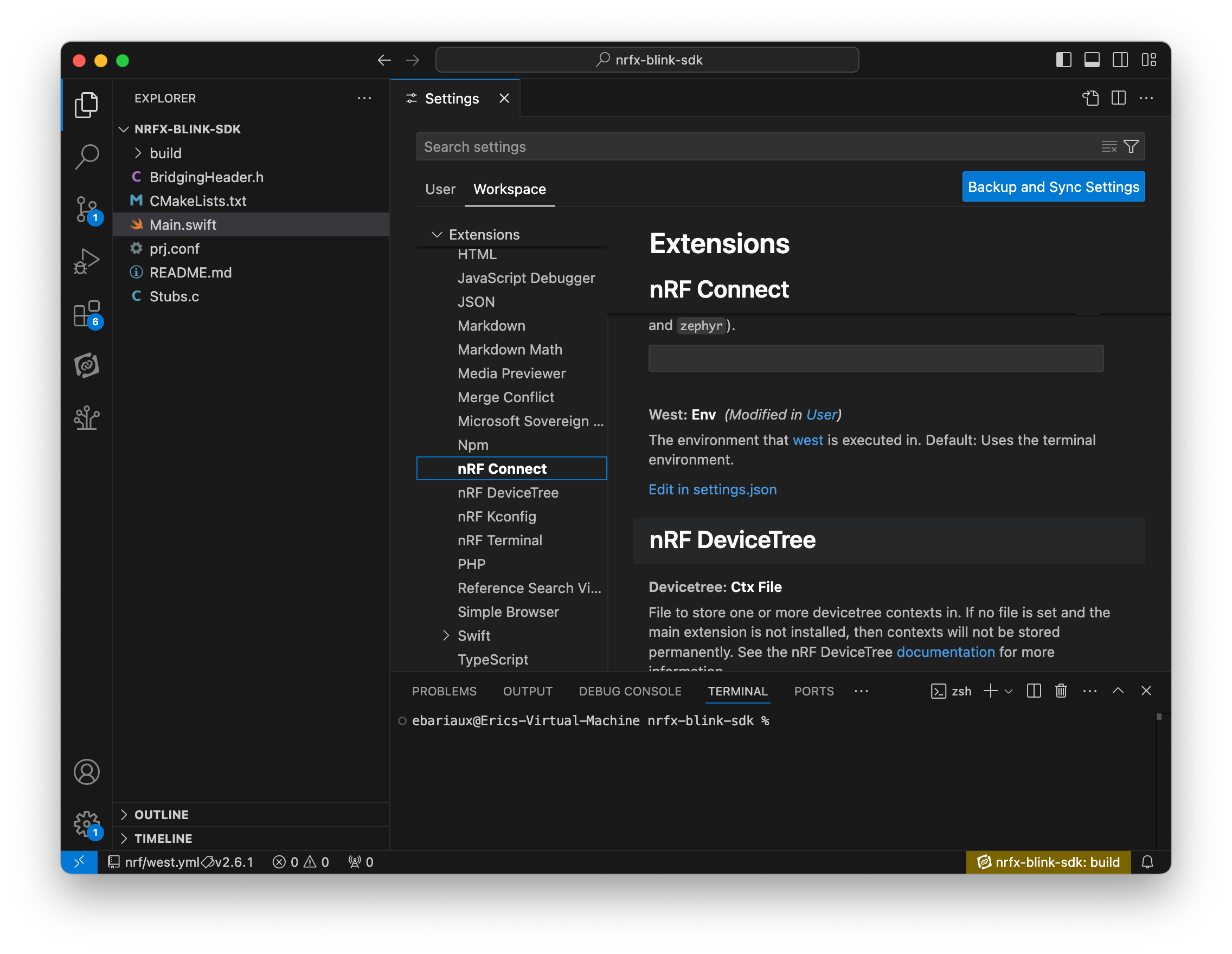Access the nRF Connect settings within VS Code