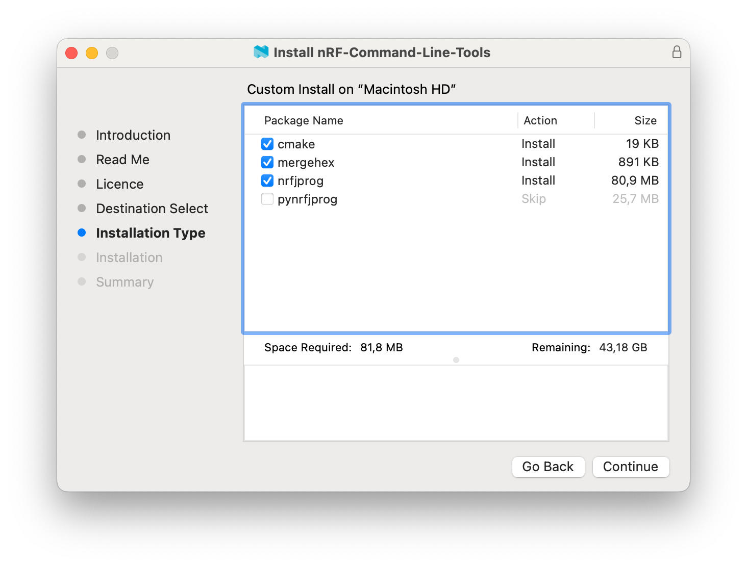 nRF Command Line Tools installer options